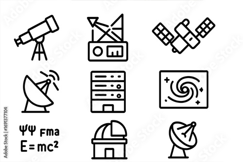 Astrophysics Tool Icons. Outline icon set of astrophysics tools: telescope, spectrometer, satellite, radar