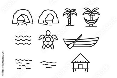 Hidden Beaches Icons. Outline icon set of hidden beaches: cave, rock arch, palm tree, hammock, clear water,
