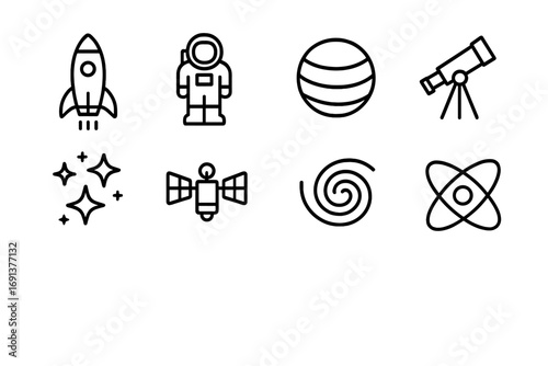 Space Icon Grid. Outline icon set of space exploration and cosmic origins: rocket, astronaut, planet,