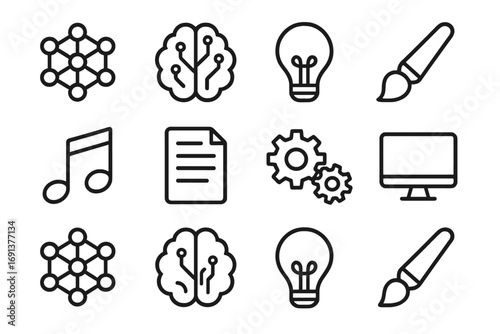 Generative AI Icons. Outline icon set of generative AI creativity: neural network, brain with circuits, light