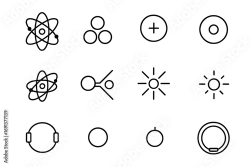 Early Universe Particles Icons. Outline icon set of early universe particles: atom, quark, proton, neutron,