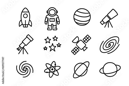 Space Icon Grid. Outline icon set of space exploration and cosmic origins: rocket, astronaut, planet,