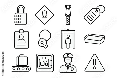 Luggage Security Icons. Outline icon set of luggage inspection and security: combination lock, TSA key, zipper, luggage tag, badge