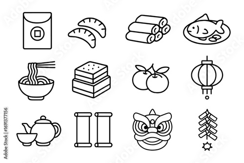 Lunar Celebration Icons. Outline icon set of Lunar New Year family dinner: red envelope, dumplings, spring rolls, whole fish dish,