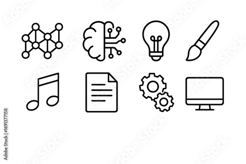 Generative AI Icons. Outline icon set of generative AI creativity: neural network, brain with circuits, light