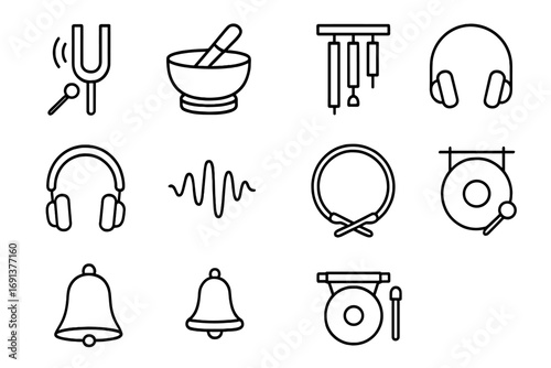 Sound Healing Icons. Outline icon set of sound healing: tuning fork, singing bowl, chimes, headphones, sound