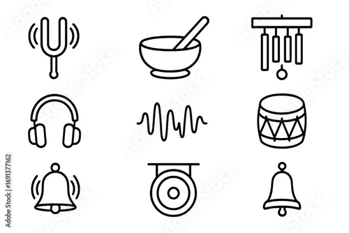 Sound Healing Icons. Outline icon set of sound healing: tuning fork, singing bowl, chimes, headphones, sound