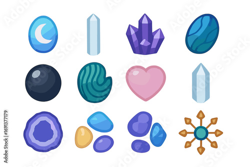 Lunar Crystal Icons. Gradient icons set of lunar crystal and gemstone energies: moonstone, selenite wand, clear quartz, amethyst
