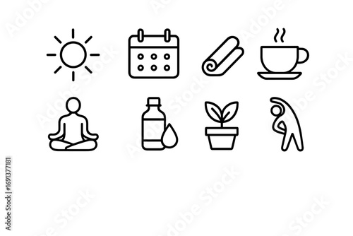 Holistic Routine Icons. Outline icon set of daily holistic routines: sun, calendar, yoga mat, tea cup,