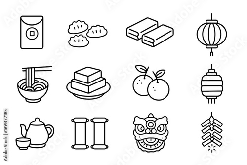 Lunar Celebration Icons. Outline icon set of Lunar New Year family dinner: red envelope, dumplings, spring rolls, whole fish dish,