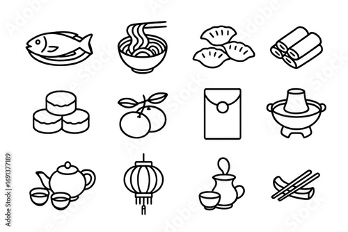 Lunar New Year Icons. Outline icon set of Lunar New Year banquet: whole steamed fish, longevity noodles, dumplings, spring rolls,
