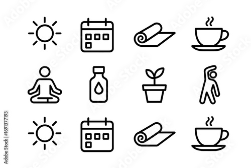 Holistic Routine Icons. Outline icon set of daily holistic routines: sun, calendar, yoga mat, tea cup,