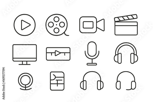 Video Education Icons. Outline icon set of video-based education: play button, film reel, video camera,