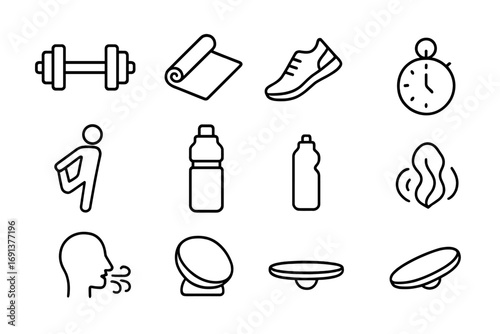 Holistic Fitness Icons. Outline icon set of holistic fitness: dumbbell, yoga mat, running shoe, stretching