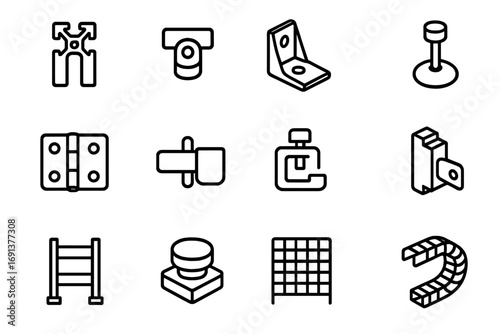 Machine Guarding Icons. Outline icon set of Machine guarding & frames: T-slot aluminum profile, T-nut, corner bracket, leveling