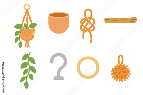 Macramé Plant Hanger Set. Flat vector mini-illustrations Macramé plant hanger set in colors children's illustrations: macramé