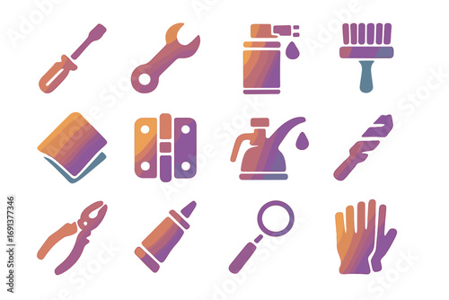 Maintenance Tools Icons. Gradient icons set of hamper lid maintenance tools: screwdriver, wrench, lubricant spray, cleaning brush,