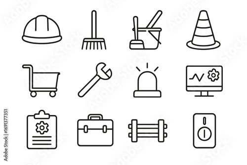 Maintenance Tools Icons. Outline icon set of operations and maintenance: worker helmet, broom, mop bucket, caution cone, service