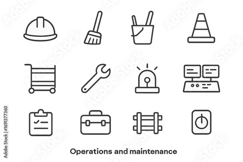 Maintenance Tools Icons. Outline icon set of operations and maintenance: worker helmet, broom, mop bucket, caution cone, service