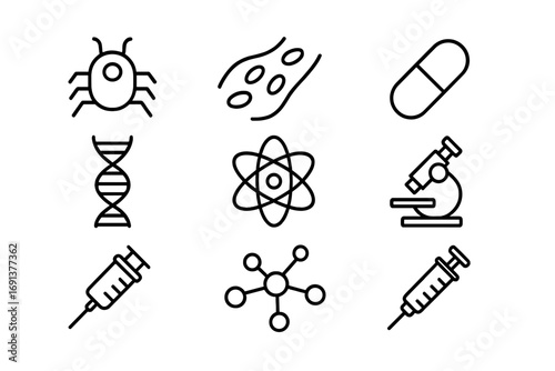 Nanotechnology in Medicine. Outline icon set of nanotechnology in medicine: nanobot, bloodstream, capsule, DNA