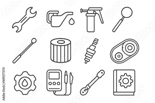 Maintenance Icon Set. Outline icon set of routine maintenance checks: wrench, oil can, grease gun, inspection mirror, dipstick,