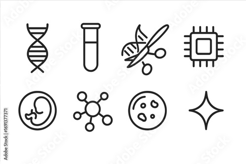 Genetic Engineering Icons. Outline icon set of genetic engineering tech: DNA strand, test tube, gene editing