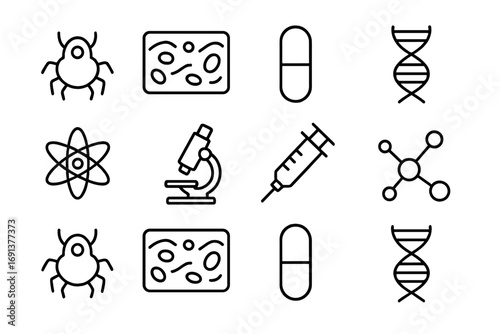 Nanotechnology in Medicine. Outline icon set of nanotechnology in medicine: nanobot, bloodstream, capsule, DNA