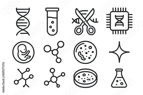 Genetic Engineering Icons. Outline icon set of genetic engineering tech: DNA strand, test tube, gene editing