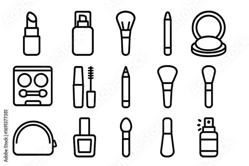 Makeup Essentials Icons. Outline icon set of makeup essentials on vanity: lipstick, foundation bottle, makeup brush, powder