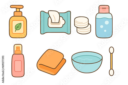 Makeup Remover Essentials. Flat vector mini-illustrations Makeup remover essentials in colors children's illustrations: cleansing