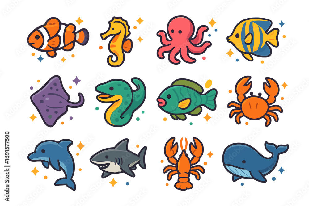 Fototapeta premium Isometric Marine Icons. Colorful isometric vector icons set of tropical marine animals: clownfish, seahorse, octopus, angelfish,