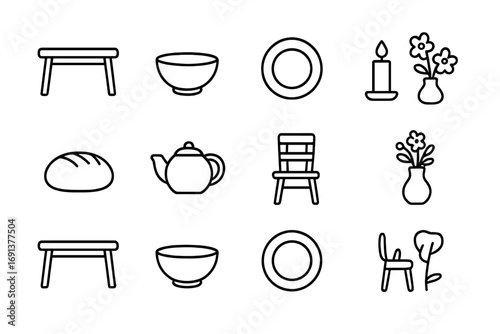 Hygge Dining Icons. Outline icon set of hygge dining: wooden table, bowl, plate, candle, bread loaf, teapot,