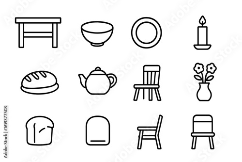 Hygge Dining Icons. Outline icon set of hygge dining: wooden table, bowl, plate, candle, bread loaf, teapot,