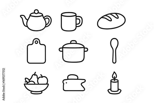 Hygge Kitchen Icons. Outline icon set of hygge kitchen: teapot, mug, bread, cutting board, pot, wooden spoon,