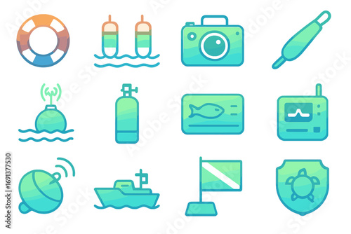 Marine Conservation Icons. Gradient icons set of marine conservation tools: life ring, buoys, underwater camera, tagging probe,