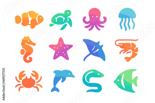 Marine Icons Collection. Gradient icons set of marine organisms diversity: clownfish, sea turtle, octopus, jellyfish, seahorse,