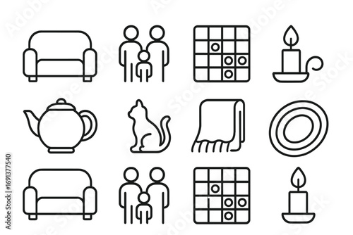 Hygge Family Icon Set. Outline icon set of family hygge time: sofa, family figures, board game, candle, tea