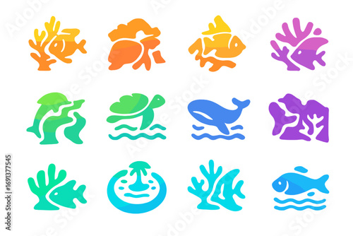 Marine Biodiversity Icons. Gradient icons set of marine biodiversity hotspots: Great Barrier Reef, Galápagos Islands, Coral