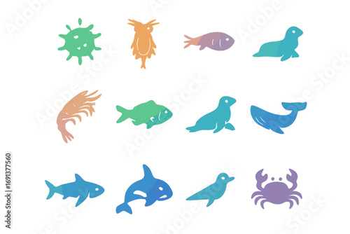 Marine Food Chain Icons. Gradient icons set of marine food chain: phytoplankton, zooplankton, krill, small fish, squid, larger