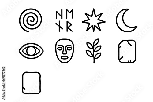 Ancient Carving Icons. Outline icon set of ancient carvings: spiral, runes, star, crescent moon, eye symbol,