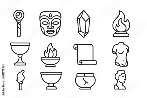 Mystical Relics Icons. Outline icon set of mystical relics: staff, mask, crystal, sacred flame, chalice,