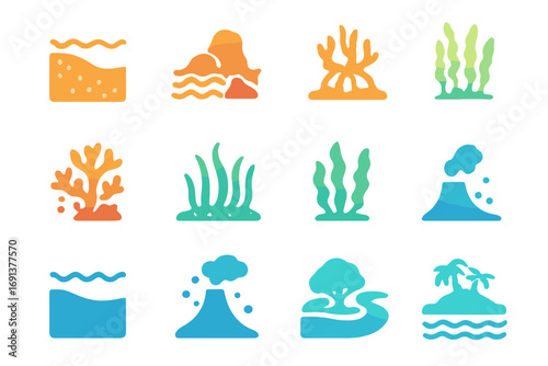Marine Habitat Icons. Gradient icons set of marine habitat types: sandy seabed, rocky shore, mangrove swamp, coral reef, seagrass
