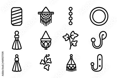 Creative Macramé Icons. Outline icon set of creative macramé variations: colorful cord, multi-tier hanger,