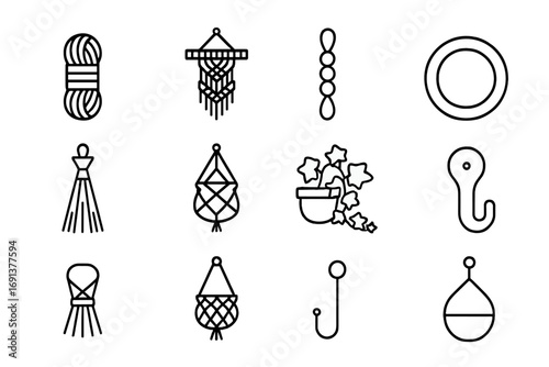 Creative Macramé Icons. Outline icon set of creative macramé variations: colorful cord, multi-tier hanger,