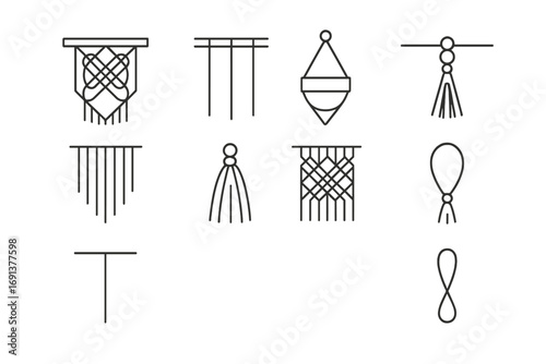 Modern Macramé Icons. Outline icon set of modern macramé designs: geometric knot, minimalist cord, ceramic pot