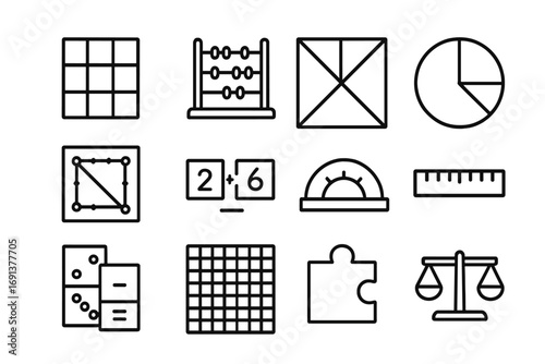 Math Puzzle Icons. Outline icon set of math puzzles and games: number grid, abacus, tangram, fraction circle, geoboard, equation