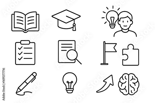 Mastering Skills Icons. Outline icon set of mastering new skills: open book, graduation cap, certificate, student with idea bulb,