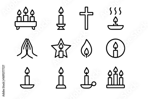 Spiritual Ritual Icons. Outline icon set of spiritual rituals with candles: altar, candle, cross, incense,