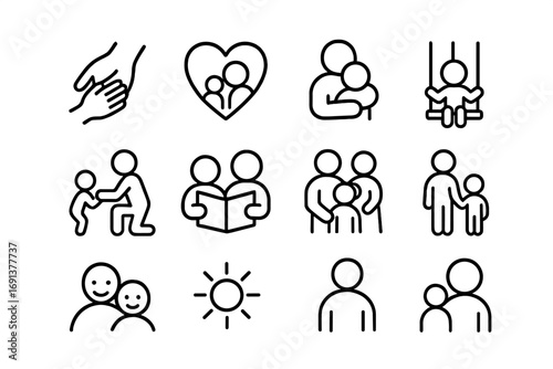 Parent-Child Icon Set. Outline icon set of parent and child bonding: hand holding, heart, hug, playtime, book