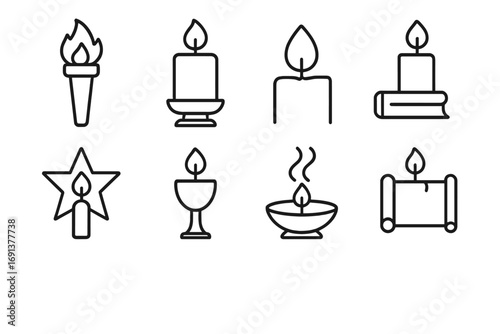 Ceremonial Candle Icons. Outline icon set of ceremonial candles: torch, altar candle, flame, book, star,